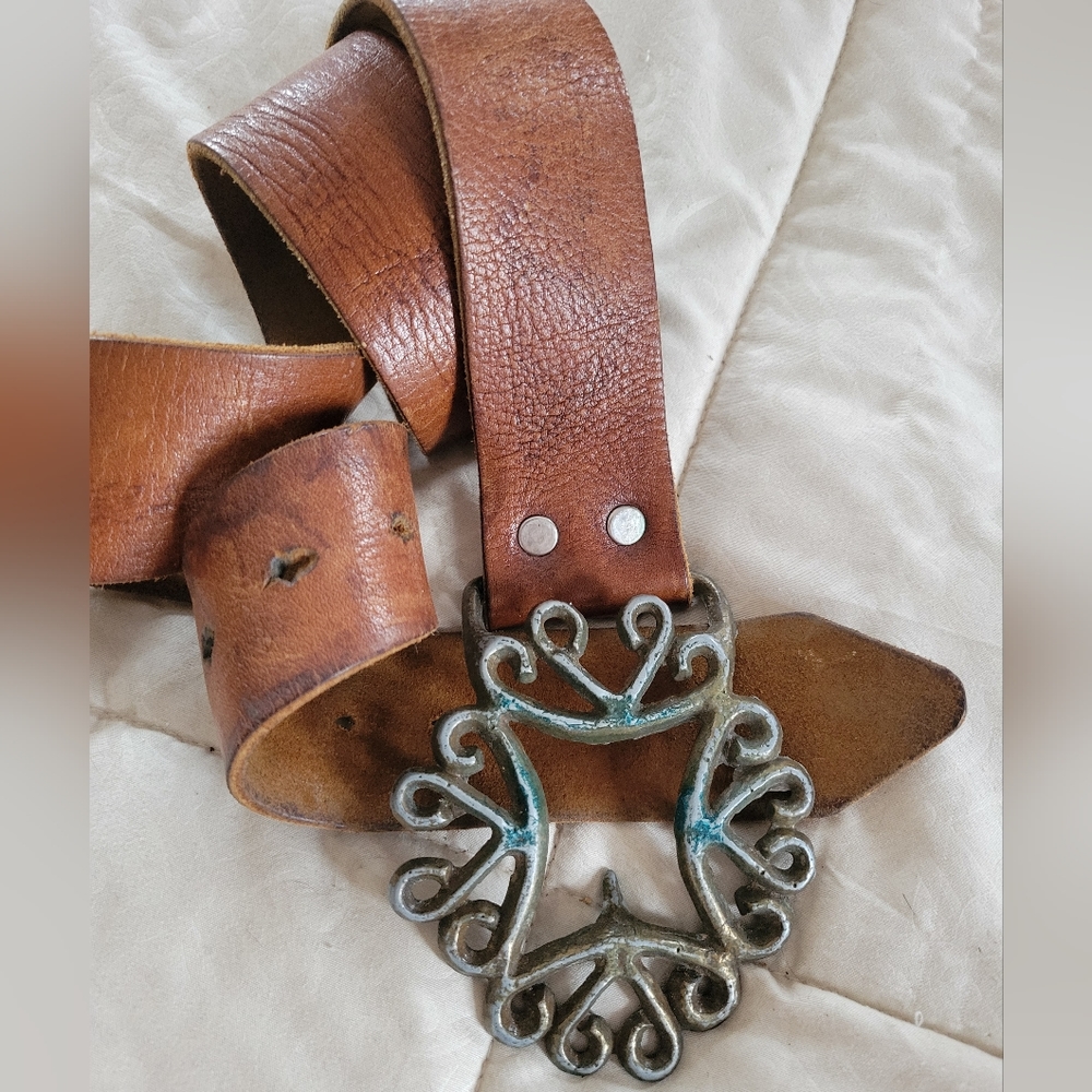Vintage 80's Boho Hippie Leather Belt with Pewter Buckle
